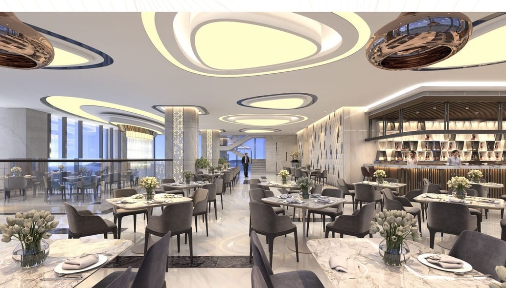 Nhà hàng hiện đại với bàn mặt đá, ghế xám và trần uốn lượn, phối cảnh minh họa