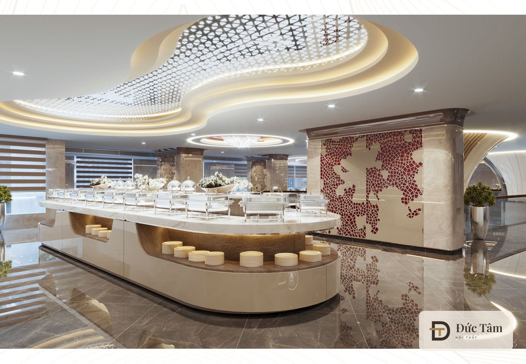 Quầy buffet cong màu trắng dưới trần sóng đèn LED, phối cảnh thiết kế