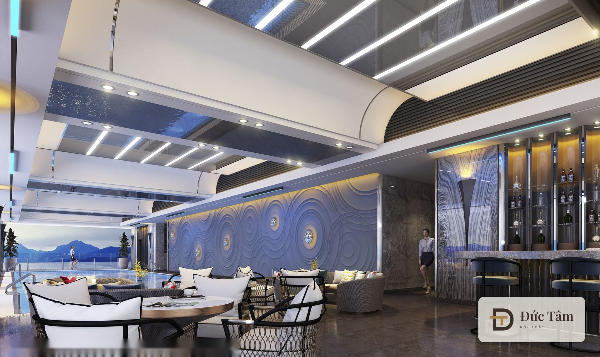 Quầy pool bar cạnh bể bơi, phối cảnh thiết kế