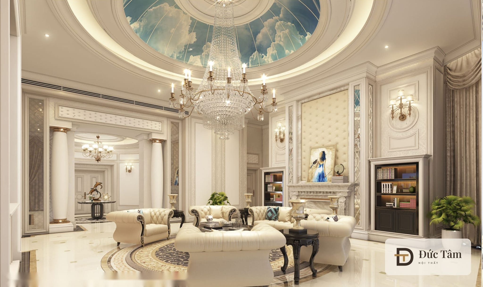 Bộ sofa và bàn trà phòng khách suite, phối cảnh thiết kế