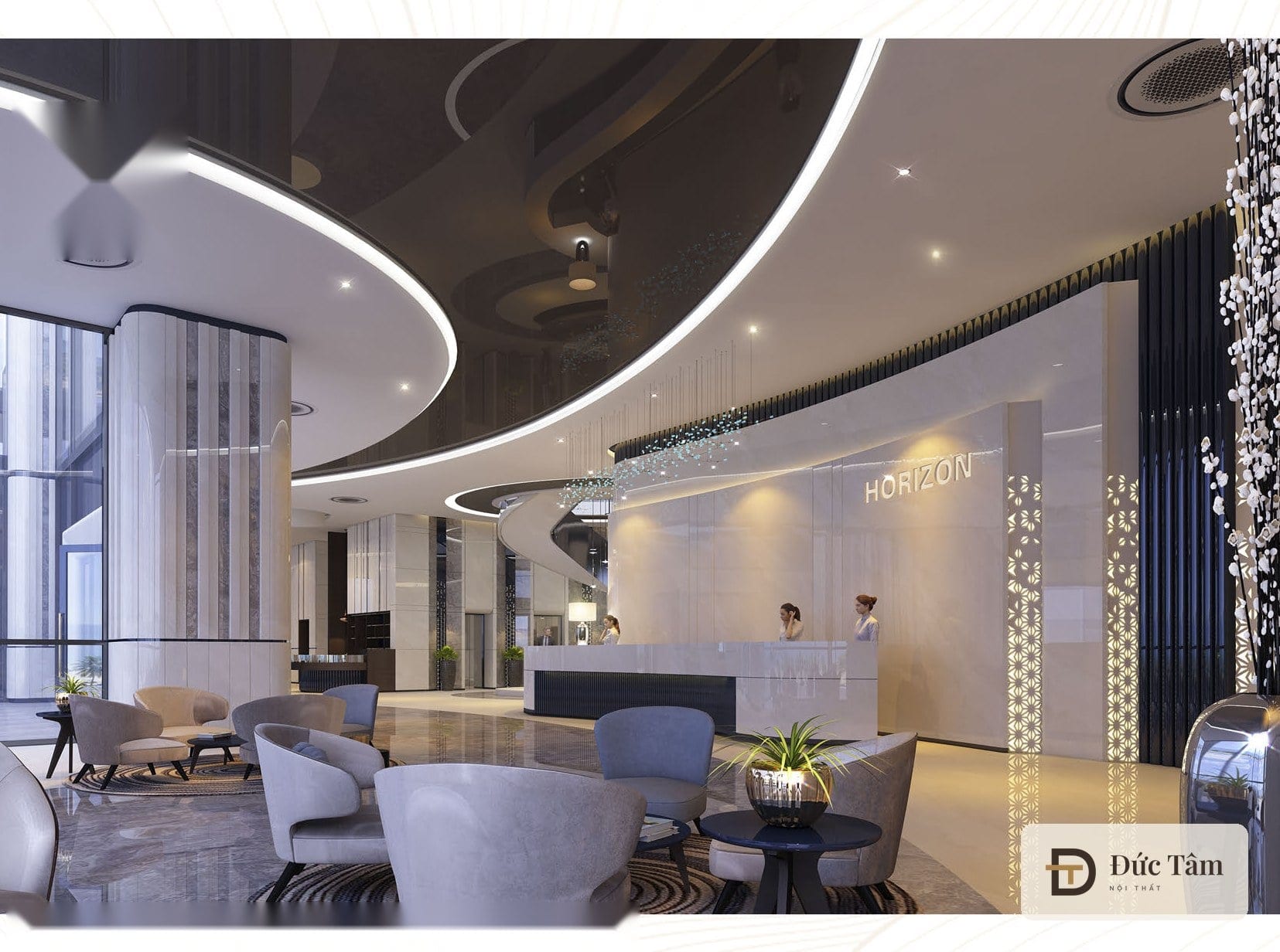 Sảnh lễ tân trần cong viền đèn LED, phối cảnh 3D