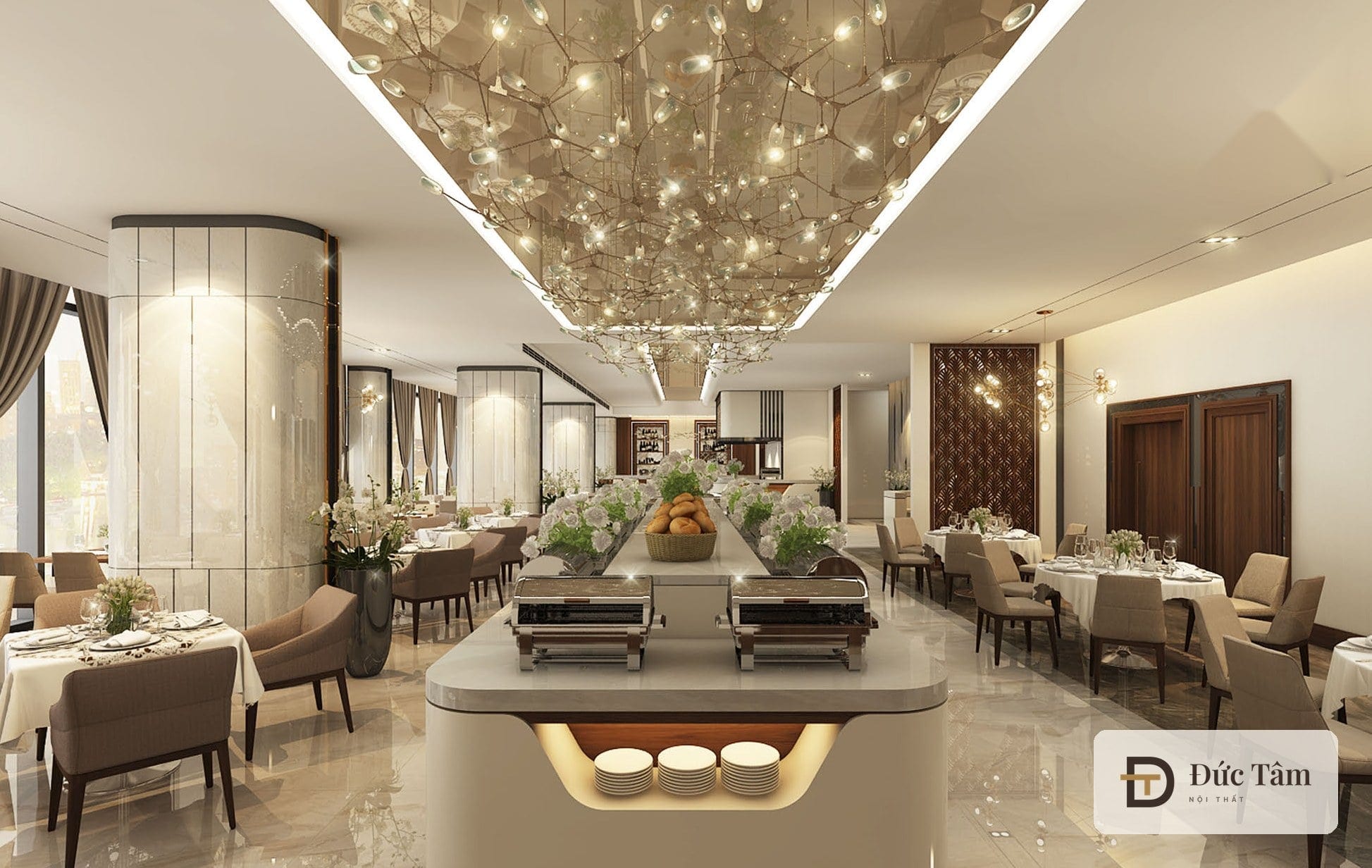 Trần đèn pha lê rủ trong khu nhà hàng buffet, phối cảnh thiết kế