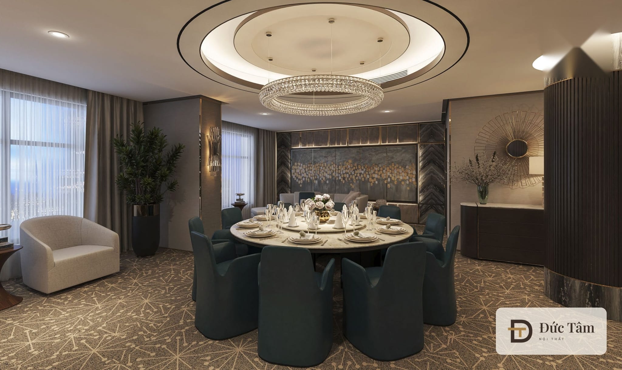 Bàn ăn tròn và ghế trong phòng VIP nhà hàng, phối cảnh thiết kế