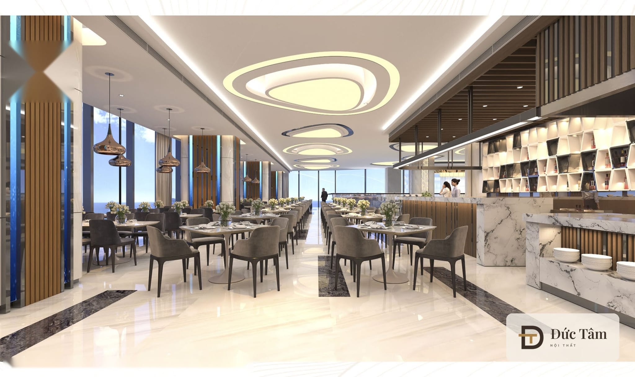 Trần mây đèn LED và quầy buffet ốp đá, phối cảnh thiết kế
