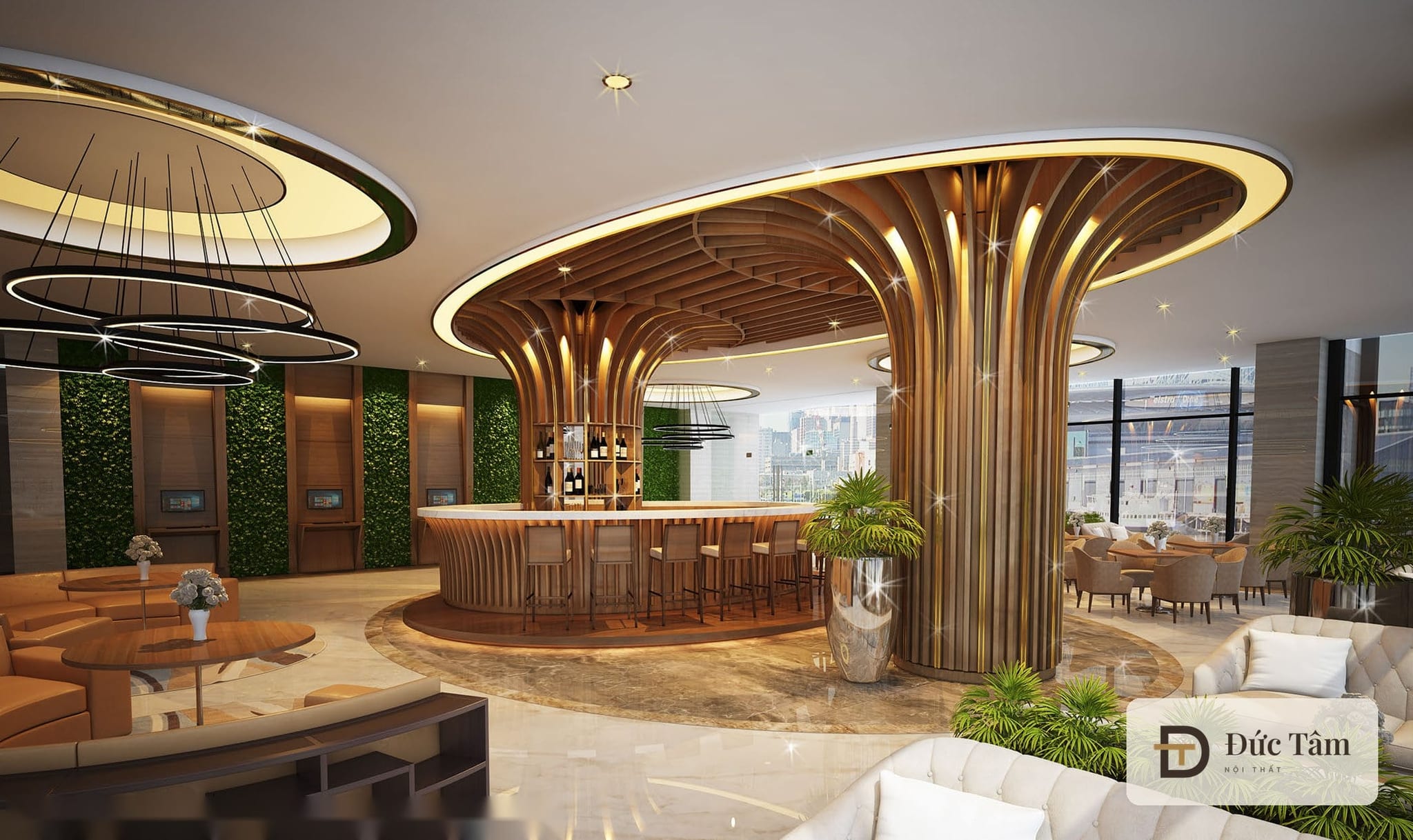 Khu cafe – bar với cột cây gỗ tại khách sạn ở Sơn La, phối cảnh thiết kế