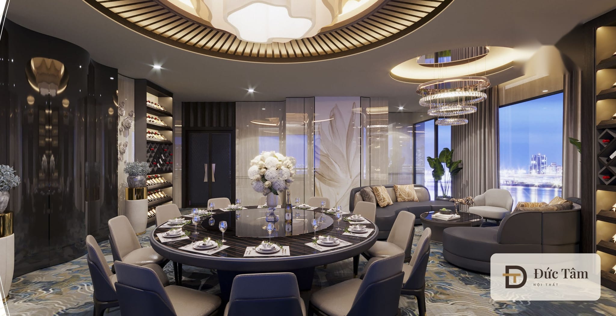 Phòng ăn VIP với bàn tròn trong nhà hàng, phối cảnh thiết kế